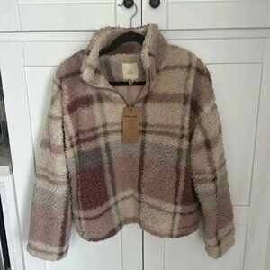 Thread & Supply Plaid Sherpa Teddy 1/4 Zip Jacket Fuzzy Womens Medium NWT